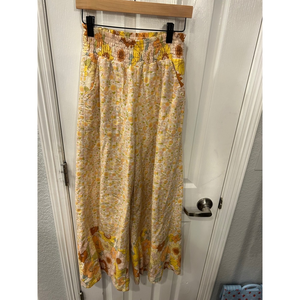 American Eagle Wide Leg Pants Yellow Floral Smocked High Waist Retro Boho XS